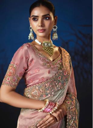 
                      Silk Pink Embroidered Weaving Work Trendy Wedding Saree
