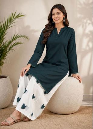 
                      Teal Cotton Designer Kurti Palazzo Set