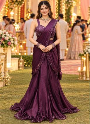 
                      Wine Crush Sequins Work Contemporary Saree
