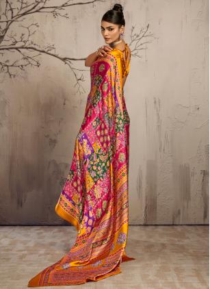 Multi Colour Satin Ajrakh Print Classic Saree - 1