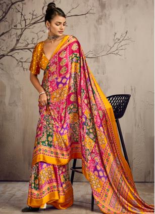 Multi Colour Satin Ajrakh Print Classic Saree - 2