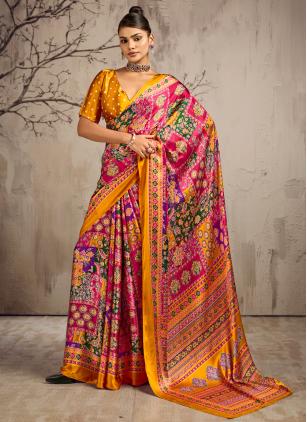 Multi Colour Satin Ajrakh Print Classic Saree