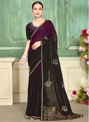 
                      Satin Silk Wine Border Work Traditional Saree