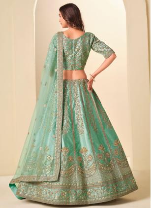 
                      Sea Green Art Silk Embroidered A - Line Lehenga Choli