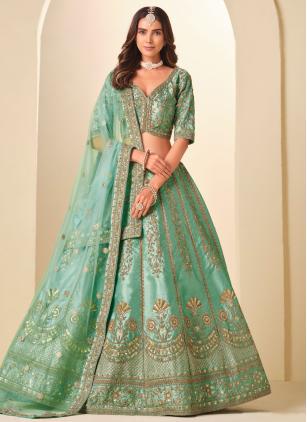 
                      Sea Green Art Silk Embroidered A - Line Lehenga Choli