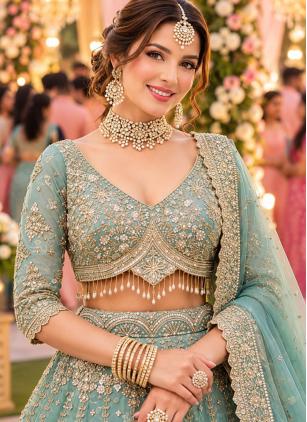 
                      Sea Green Beads Fancy Fabric Lehenga Choli