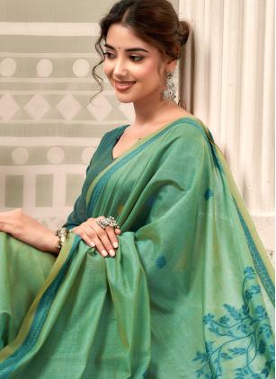
                      Sea Green Cotton Printed Contemporary Saree
