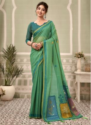 
                      Sea Green Cotton Printed Contemporary Saree