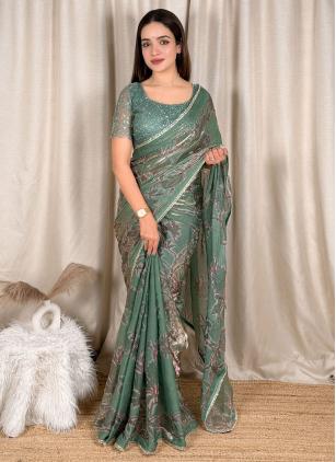 Sea Green Festival Fandy Satin Contemporary Saree