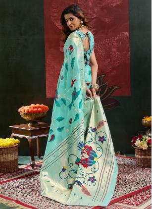 
                      Sea Green Meenakari Cotton Silk Contemporary Saree