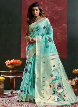 
                      Sea Green Meenakari Cotton Silk Contemporary Saree