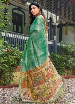 
                      Sea Green Printed Silk Contemporary Saree