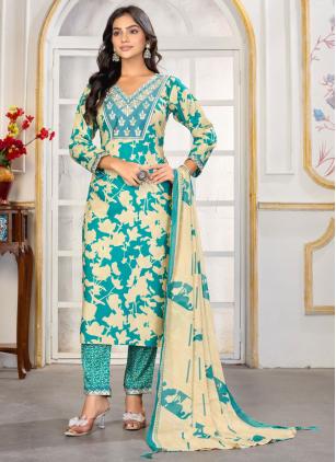 
                      Rayon Print Embroidered Sea Green Salwar Kameez