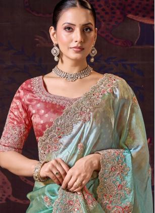 
                      Sea Green Tissue Embroidered Contemporary Saree With Stitched Blouse