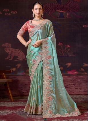 
                      Sea Green Tissue Embroidered Contemporary Saree With Stitched Blouse