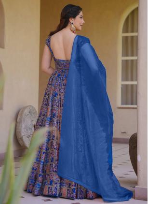 
                      Blue Silk Digital Print Plus Size Gown With Dupatta