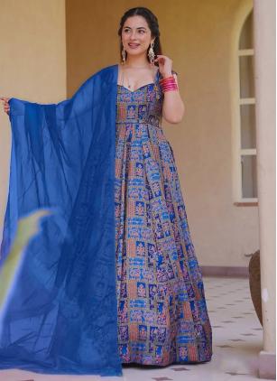 
                      Blue Silk Digital Print Plus Size Gown With Dupatta