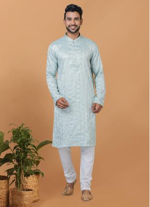 
                      Silk Aqua Blue Embroidered Kurta Pajama