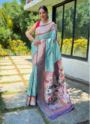 
                      Silk Aqua Blue Woven Classic Saree