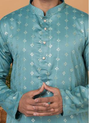 
                      Silk Embroidered Aqua Blue Kurta Pyjama for Men