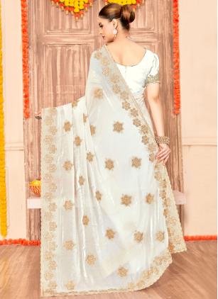 
                      Silk White Embroidered Trendy Saree for Ceremonial
