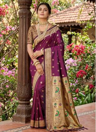 
                      Silk Wine Woven Trendy Festive Saree