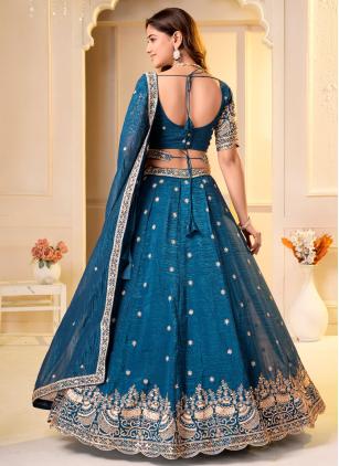 
                      Teal Beads Crunchy Designer Lehenga Choli For Festival