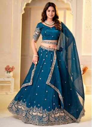 
                      Teal Beads Crunchy Designer Lehenga Choli For Festival
