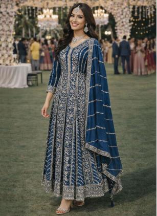 
                      Teal Chinon Embroidered Designer Gown With Dupatta