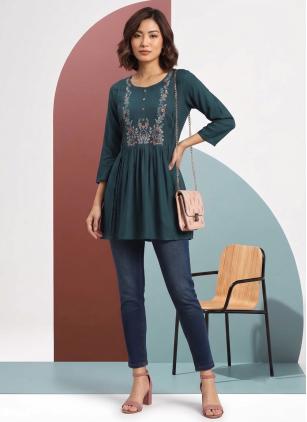 
                      Teal Digital Print Rayon Designer Kurti