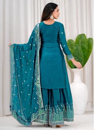 
                      Teal Embroidered Fandy Silk Palazzo Salwar Kameez