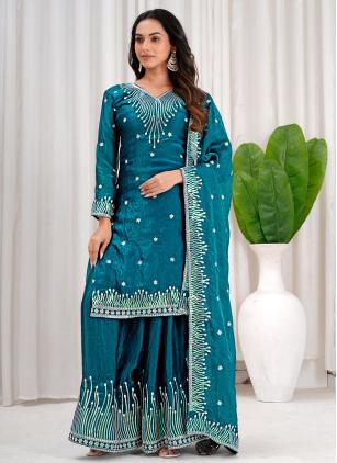 
                      Teal Embroidered Fandy Silk Palazzo Salwar Kameez