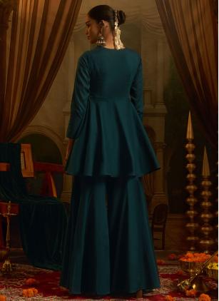
                      Teal Festival Cotton Gamthi Designer Kurti Palazzo Set
