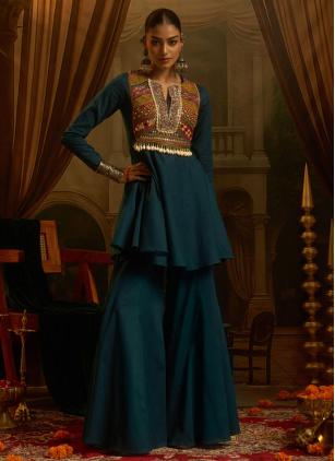 
                      Teal Festival Cotton Gamthi Designer Kurti Palazzo Set