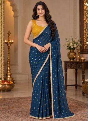 
                      Teal Georgette Lace Classic Saree