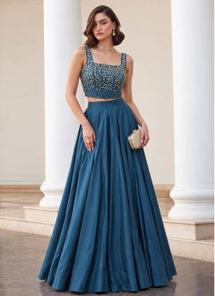 
                      Teal Plain Lehenga Choli For Bridesmaid