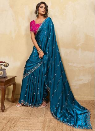 
                      Teal Sequins Beads Work Velvet Satin Traditional Saree