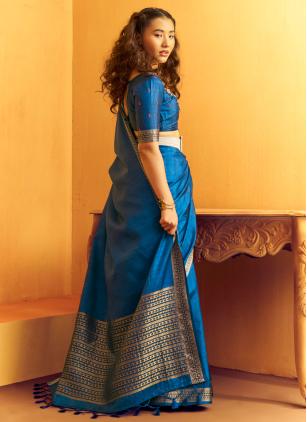 
                      Teal Tussar Silk Weaving Contemporary Saree