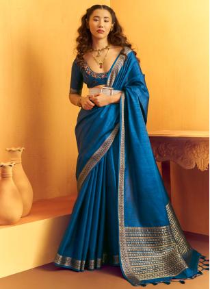 
                      Teal Tussar Silk Weaving Contemporary Saree
