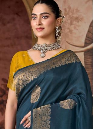 
                      Teal Viscose Weaving Work Contemporary Saree With Contrast Blouse