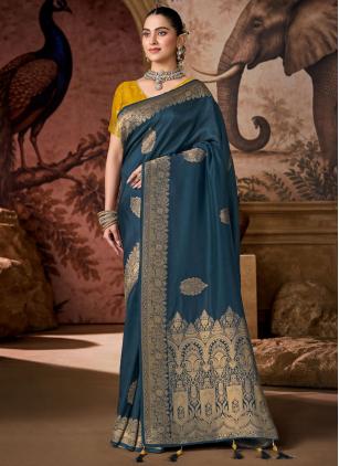 
                      Teal Viscose Weaving Work Contemporary Saree With Contrast Blouse