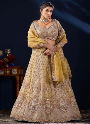 
                      Tissue Bridal Mustard Embroidered Lehenga Choli