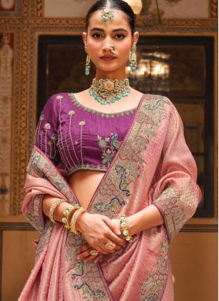 
                      Tissue Pink Contemporary Saree With Stitched Blouse