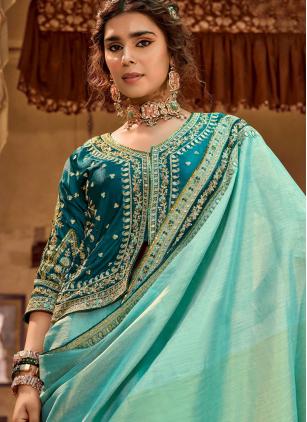 
                      Turquoise Viscose Linen Embroidered Saree
