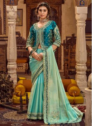 
                      Turquoise Viscose Linen Embroidered Saree