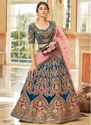 
                      Velvet Embroidered Blue Designer Lehenga Choli