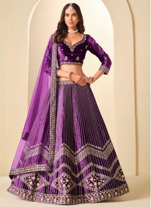 
                      Velvet Embroidered Purple Sangeet Lehenga Choli