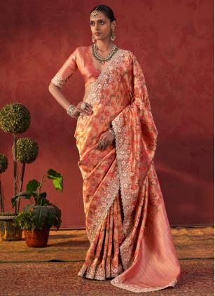 
                      Peach Viscose Sequins Work Classic Saree