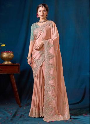 
                      Viscose Peach Embroidered Saree