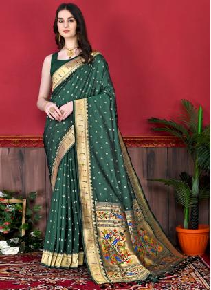 
                      Weaving Zari Work Green Silk Classic Saree